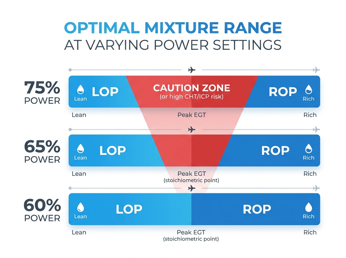 The red fin: the danger zone shrinks as power decreases, and vanishes below 60%